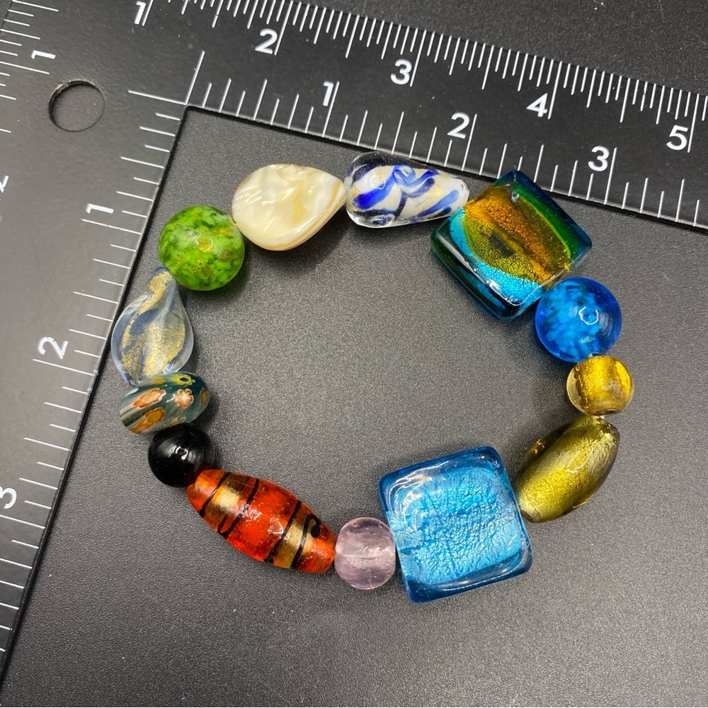 Art Glass Beads Sea Shell Artisan Made Stretchy Bracelet Multicolor